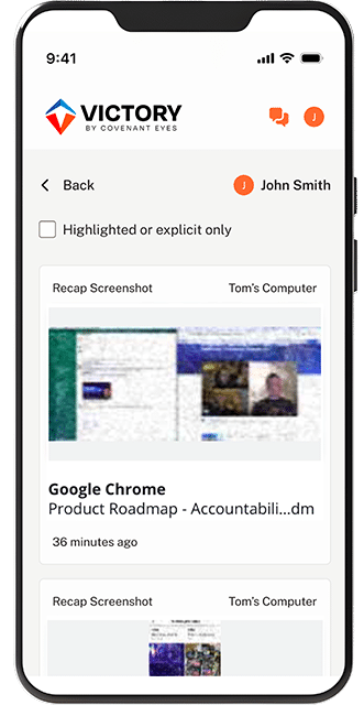 An iPhone showing a Victory member's "Activity" screen with an example of a Victory-blurred out screenshot.